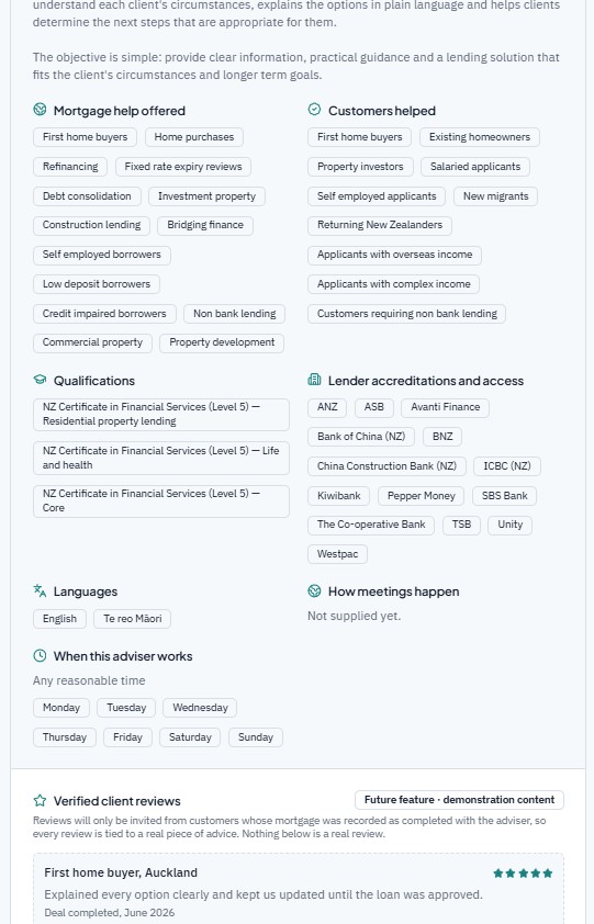 Jane Jensen adviser profile showing services, customers helped, qualifications, lender access and reviews